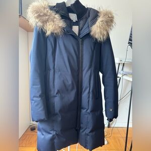Soia & Kyo Dark Blue Puffer Coat with Faux Fur Hood
